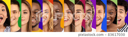 Surprised, happy, smiling and calm millennial international people on multi colored backgrounds 83617030