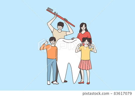 Happy family with children encourage tooth hygiene Happy family with children encourage tooth hygiene 83617079