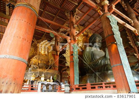 The Great Buddha of Nara and the Samurai on the left side, the Kokuzo Bosatsu, the Great Buddha Hall of Todaiji Temple 83617901