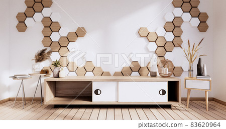 TV cabinet on modern room  with wall hexagon minimal design. 3D rendering 83620964