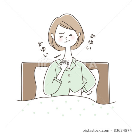 A woman whose skin becomes itchy and scratches before going to bed A woman whose skin becomes itchy and scratches before going to bed 83624874