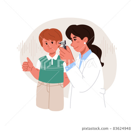 Female audiologist doctor checks boy ears with otoscope.Hearing exam for kids. 83624948