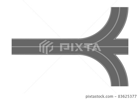 Asphalt road junction top view. Highway part with marking isolated on white background. Roadway element for city map. Vector flat illustration Asphalt road junction top view. Highway part with marking isolated on white background. Roadway element for city map. Vector flat illustration 83625377