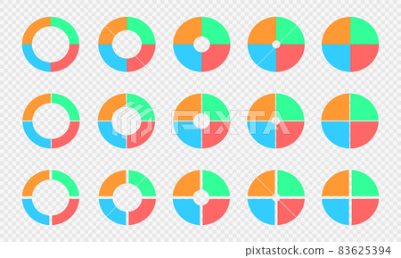 Pie and donut charts set. Circle diagrams divided in 4 sections. Colorful infographic wheels. Round shapes cut in four equal parts isolated on transparent background Pie and donut charts set. Circle diagrams divided in 4 sections. Colorful infographic wheels. Round shapes cut in four equal parts isolated on transparent background 83625394