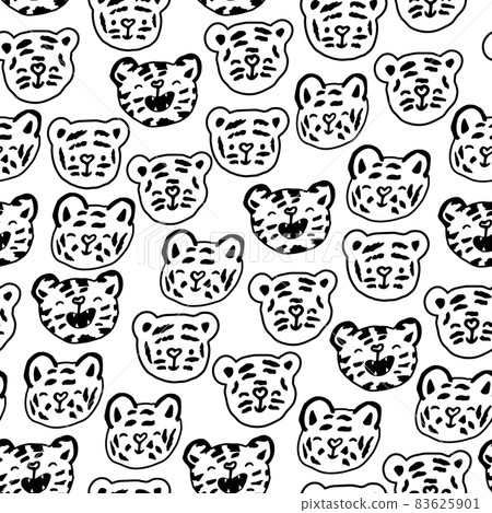 Black white cute childish tigers faces heads seamless repeat pattern. Vector hand drawn endless contour line art illustration background for children Black white cute childish tigers faces heads seamless repeat pattern. Vector hand drawn endless contour line art illustration background for children 83625901