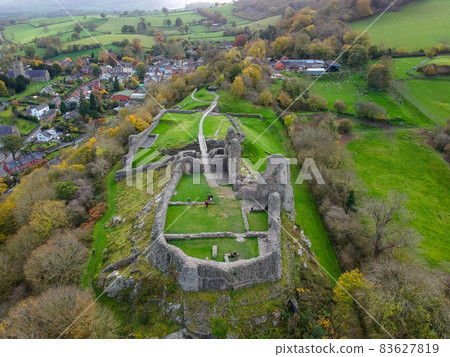 Aerial view Montgomery Castle in Powys, Wales. Aerial view Montgomery Castle in Powys, Wales. 83627819
