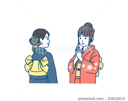 Young woman wearing a kimono going to the first shrine, furisode worship, worship illustration material 83628014