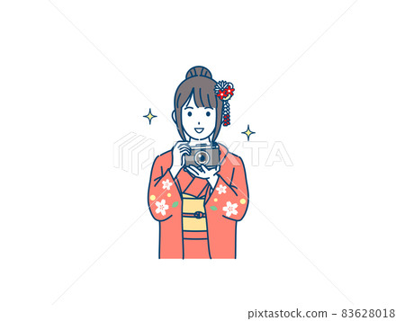 Photographing Young woman in kimono Furisode camera Illustration material 83628018