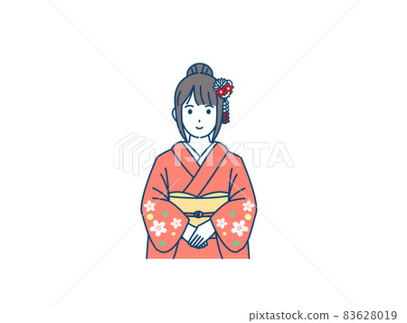 Young woman in kimono, furisode, smile, upper body, illustration material Young woman in kimono, furisode, smile, upper body, illustration material 83628019