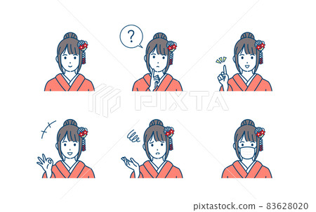 Young woman in kimono Furisode pose Gesture set Upper body Illustration material Young woman in kimono Furisode pose Gesture set Upper body Illustration material 83628020