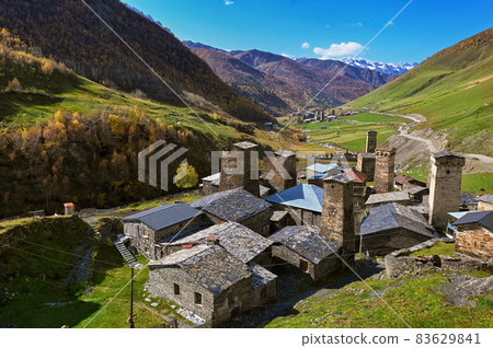 Ancient svan towers in highland village Ushguli, Svaneti, Georgia 83629841