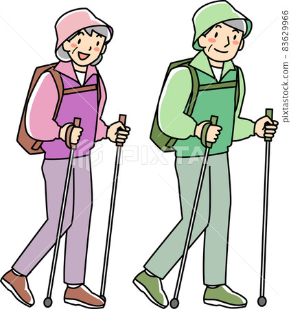 Senior couple walking with a pole Senior couple walking with a pole 83629966