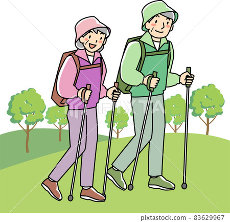 Senior couple walking with a pole Senior couple walking with a pole 83629967