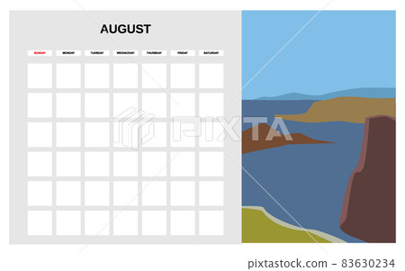 Calendar Planner August summer month. Minimal abstract contemporary landscape natural background. Monthly template for diary business. Vector isolated 83630234