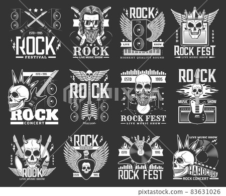 Hard rock music icons and symbols. Rock music festival, live concert and band show performance vector monochrome emblems, retro icons with smiling human skulls, electric guitar and vinyl discs Hard rock music icons and symbols. Rock music festival, live concert and band show performance vector monochrome emblems, retro icons with smiling human skulls, electric guitar and vinyl discs 83631026
