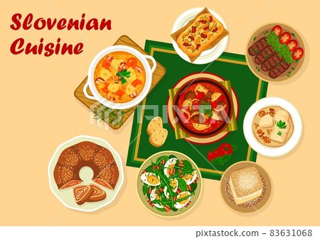 Slovenian cuisine food of vector meat and vegetable dishes with desserts. Grilled beef sausages, dumplings and sauerkraut bean stew, dandelion egg salad, cream cake and nuts roll 83631068