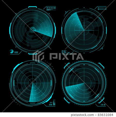 HUD military traffic control, radar or sonar display screen interface. Navigation digital vector monitors with blue neon radar grid, map, target and blip objects, submarine, airplane navigation system 83631084