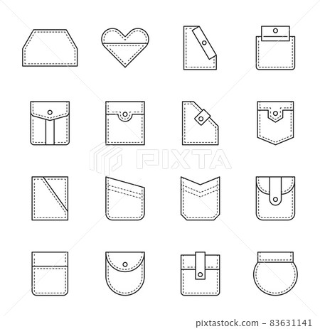 Patch pockets with seam and flap. Uniform clothes pockets. Men and women casual pants, shirts and jacket square, round and sloping, heart shaped line vector pockets set with buttons, clasps on strap Patch pockets with seam and flap. Uniform clothes pockets. Men and women casual pants, shirts and jacket square, round and sloping, heart shaped line vector pockets set with buttons, clasps on strap 83631141