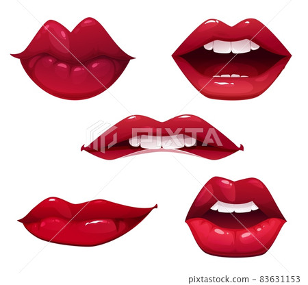 Woman cartoon sexy lips of vector isolated mouths with red lipstick, teeth and tongue. Girl kiss, smile, lip biting and half open mouth, sensual lips with different emotion expression 83631153