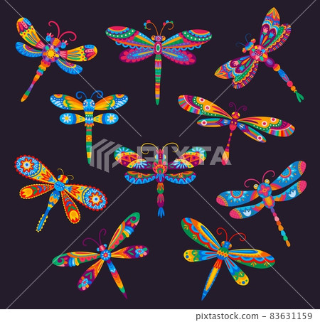 Mexican cartoon bright dragonflies with ethnic floral ornaments. Vector insects on black background with wings and bodies, decorated by colorful flowers and geometric motif, Mexico festive Mexican cartoon bright dragonflies with ethnic floral ornaments. Vector insects on black background with wings and bodies, decorated by colorful flowers and geometric motif, Mexico festive 83631159
