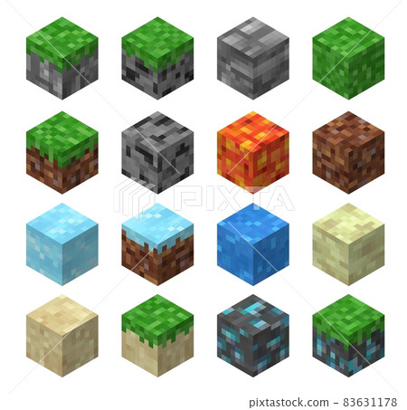 Pixel game blocks of grass, stone, ice and water, sand, lava, coal and golden ore vector patterns. Isometric video and web games ui, 3d boxes and cubes with pixelated textures of craft materials 83631178