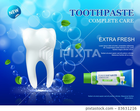 Whitening mint toothpaste and tooth, dental care and hygiene. Realistic 3d vector tooth with clean white enamel and healthy roots, green leaves of spearmint and tube of herbal paste with bubbles 83631216