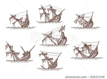 Sunken sailing brigantine, brig, corvette and frigate ship sketches, shipwreck vector vintage map elements. Isolated broken sailing ships or sailboats with sea waves, damaged sails and masts 83631249