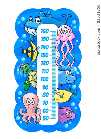 Kids height chart with underwater cartoon sea animals, vector growth measure. Kids height meter or baby tall scale with fishes in ocean water, jellyfish, octopus and smiling turtle with flounder 83631259
