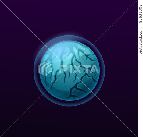 Blue space planet with atmosphere game UI icon. Alien galaxy system planet, cartoon vector fantasy world or exoplanet moon with protective force field sphere, ozone layer and cracks on ice surface Blue space planet with atmosphere game UI icon. Alien galaxy system planet, cartoon vector fantasy world or exoplanet moon with protective force field sphere, ozone layer and cracks on ice surface 83631308