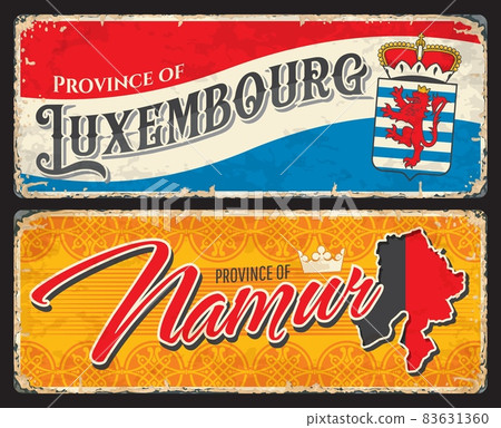 Namur, Luxembourg Belgian province vintage plates and travel stickers. Belgium territory grunge banners, vector tin sign with provinces flags colors, map silhouette and Coat of Arms lion, crown symbol Namur, Luxembourg Belgian province vintage plates and travel stickers. Belgium territory grunge banners, vector tin sign with provinces flags colors, map silhouette and Coat of Arms lion, crown symbol 83631360