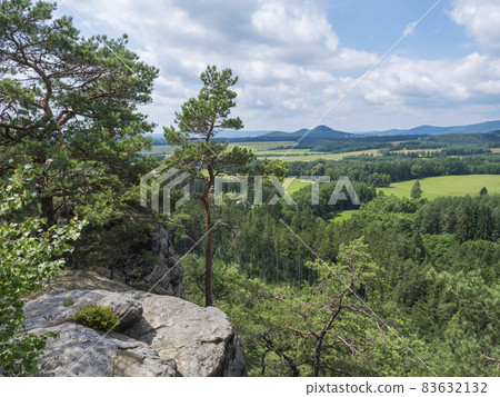 Panoramic view from sandstone rock viewpoint Havrani skaly, spring landscape in Lusatian Mountains , green hills, fresh deciduous and spruce tree forest. Blue sky background, copy space Panoramic view from sandstone rock viewpoint Havrani skaly, spring landscape in Lusatian Mountains , green hills, fresh deciduous and spruce tree forest. Blue sky background, copy space 83632132