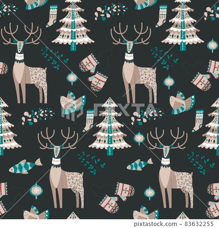Deer animal and pine tree, bird fish xmas pattern Deer animal and pine tree, bird fish xmas pattern 83632255