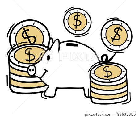 Hand-drawn pink piggy bank with gold coins. Money accumulation concept. Hand-drawn pink piggy bank with gold coins. Money accumulation concept. 83632399