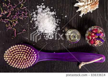Toiletries, Spa Set on dark background. Top View Toiletries, Spa Set on dark background. Top View 83633614
