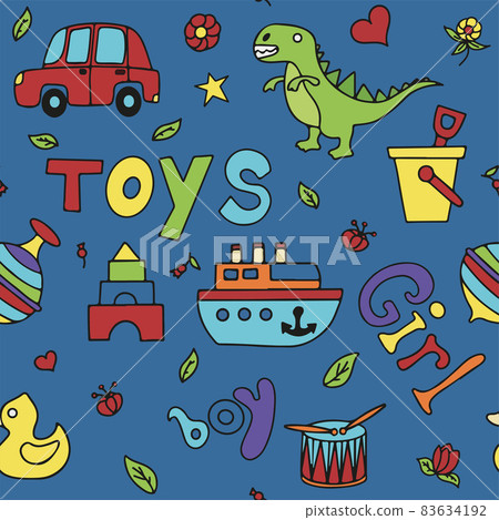 Vector doodle seamless pattern with toys. Hand draw collection of toys icons for baby shower or scrapbook. Cute illustration for children 83634192