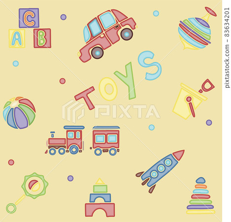 Vector doodle seamless pattern with toys. Hand draw collection of toys icons for baby shower or scrapbook. Cute illustration for children 83634201