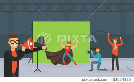 Man in Superhero Costume Against Green Backdrop at Studio with Cameraman Filming at Show Programme on Television Vector Illustration 83634550
