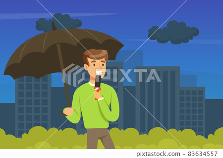 Man TV Reporter Under Umbrella Speaking Into Microphone Announcing Information Vector Illustration 83634557