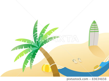 沙灘、棕櫚樹和吊床。衝浪板和涼鞋的插圖。 沙灘、棕櫚樹和吊床。衝浪板和涼鞋的插圖。 83634838