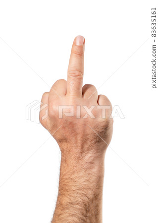 Showing middle finger isolated on white background. Negative, impolte and agression gesture. Showing middle finger isolated on white background. Negative, impolte and agression gesture. 83635161