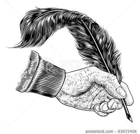 Quill Feather Ink Pen Hand Vintage Woodcut Print Quill Feather Ink Pen Hand Vintage Woodcut Print 83635406