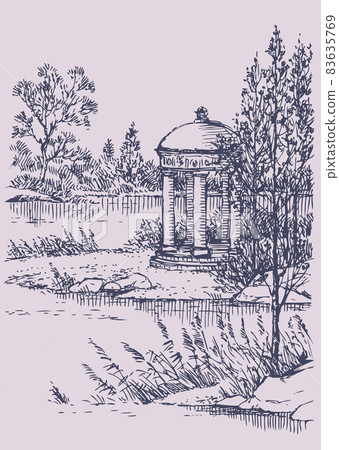 Vector landscape. Gazebo by the river 83635769
