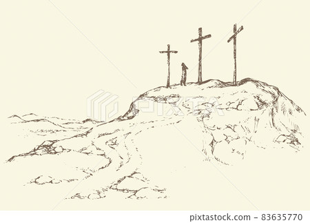 Three crosses stand on light sky backdrop Three crosses stand on light sky backdrop 83635770
