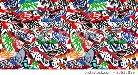 Seamless Abstract Colorful Urban Graffiti Style Sticker Bombing Hello My Name Is With Some Street Art Lettering Vector Illustration Art 83635859