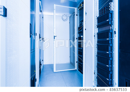 Server room with a row of server racks Server room with a row of server racks 83637533
