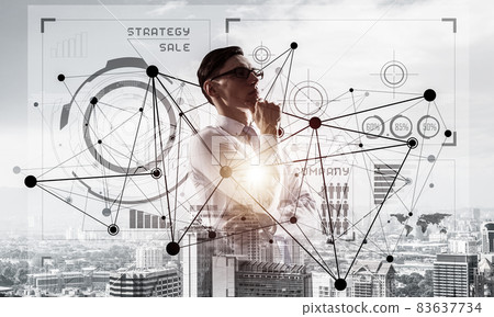 Concept of business success and control with confident boss against cityscape background Concept of business success and control with confident boss against cityscape background 83637734