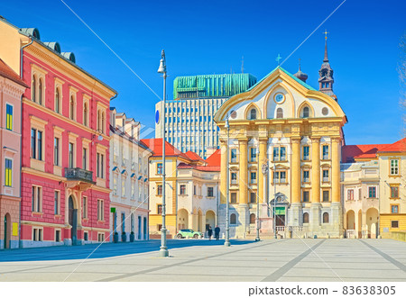 View of Congress Square and the Ursuline Church of the Holy Trinity in the central part of Ljubljana View of Congress Square and the Ursuline Church of the Holy Trinity in the central part of Ljubljana 83638305