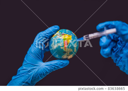 Syringe vaccinates the globe, on a map of the Argentina. Argentina Coronavirus, Corona virus attack concept. Argentina fight against coronavirus. Concept of fight against coronavirus, danger and 83638665