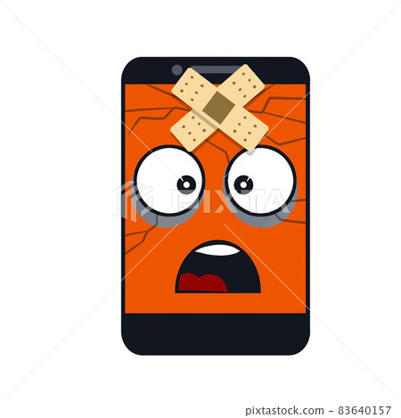 Mobile phone with sad face on screen. Cartoon flat illustration. 83640157