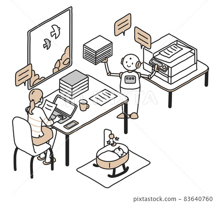 A woman with a baby working with a robot 83640760